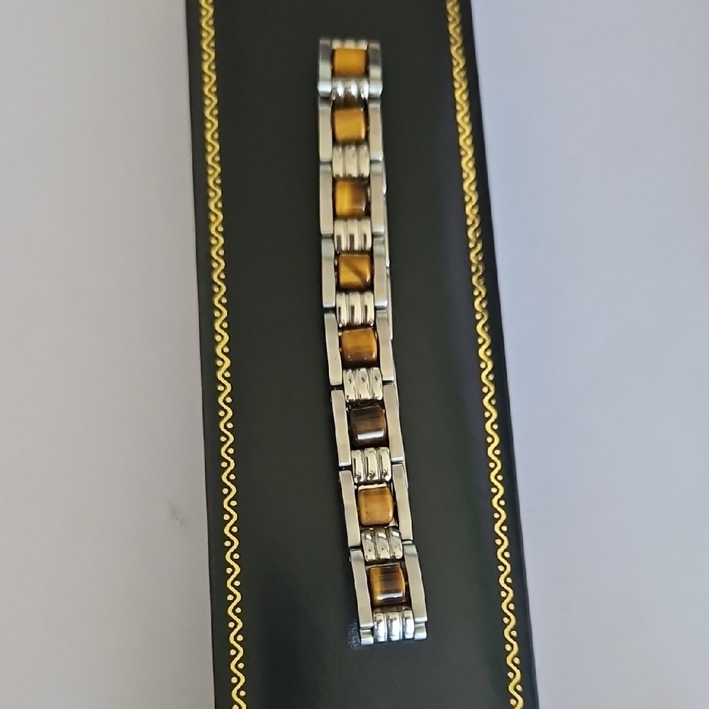 Men's Steel and Brown Tiger Eye Bracelet